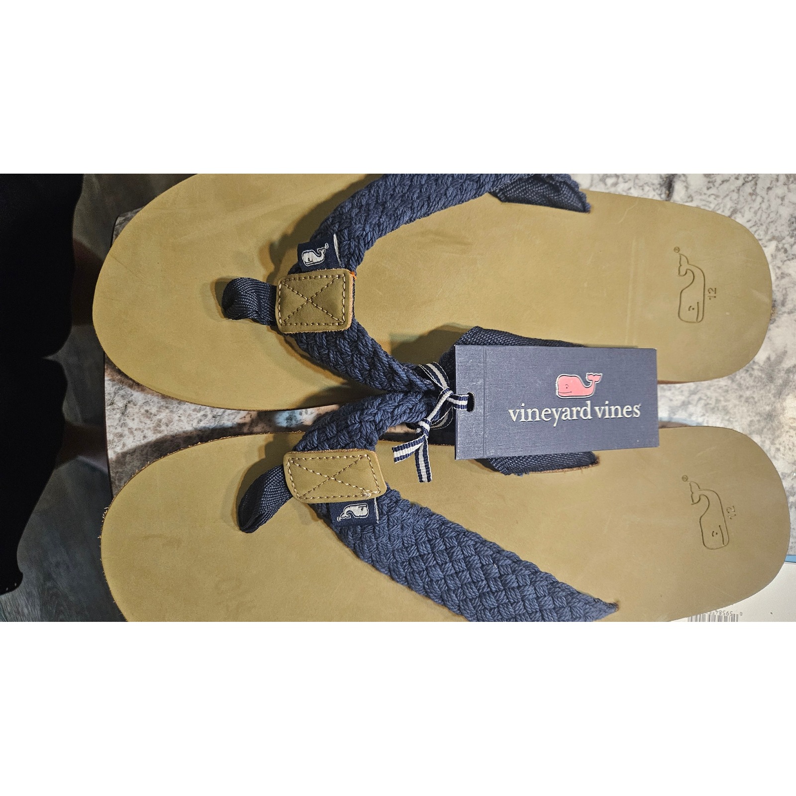 Nwt Blokecore Vineyard Vines Mens Navy Woven Leather Flip Flop Sandals Sz 12